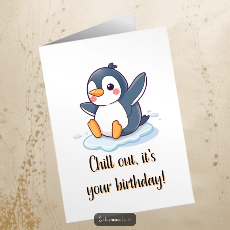 Funny Free Printable Happy Birthday card with a joyful penguin character happily sliding on ice with a big, beaming smile.