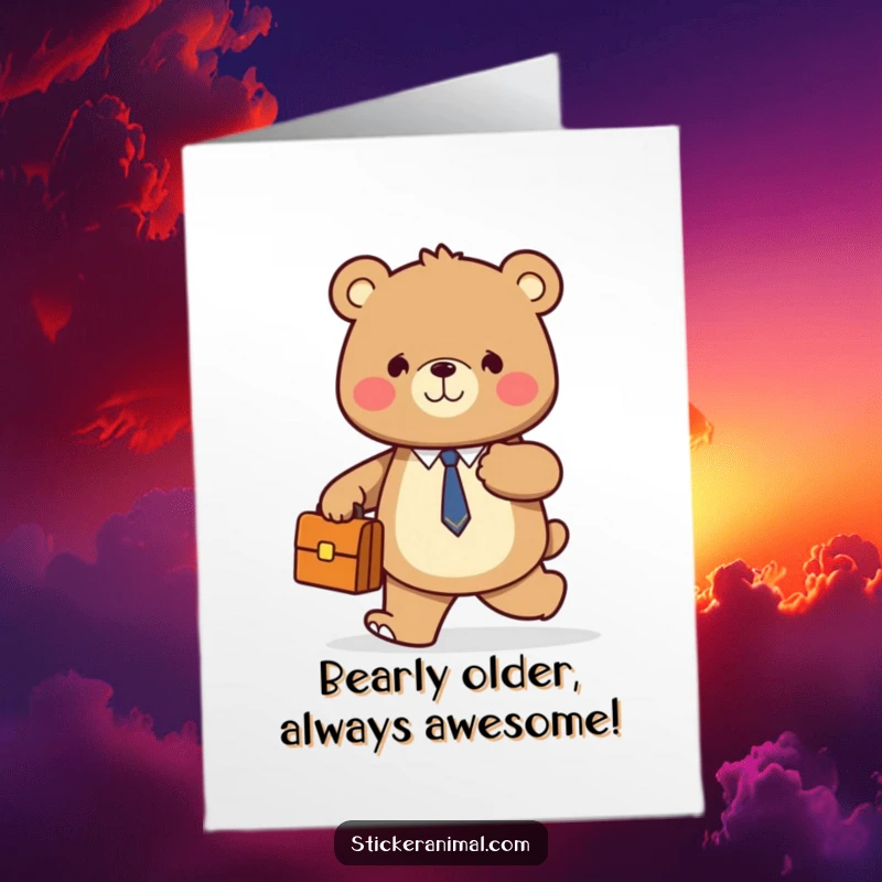Funny Free Printable Smiling Bear Holding Briefcase Walking Card - Business bear celebrates a birthday.