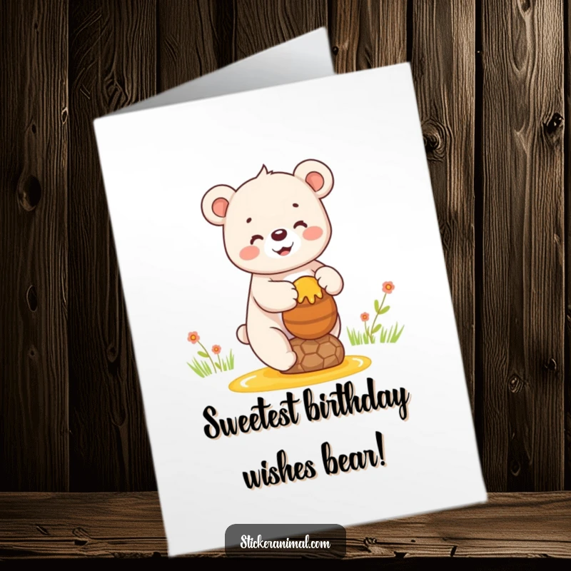 Funny Free Printable Birthday Card: A joyful bear cub carefully balances a large pot of honey, smiling sweetly.