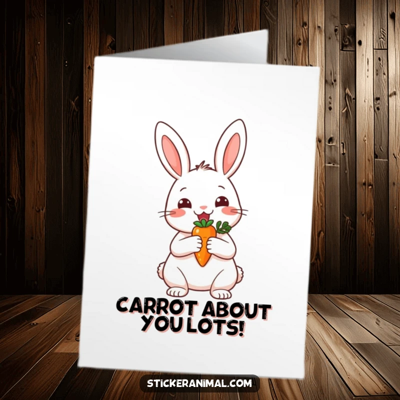 Funny Free Printable Birthday Card: A happy rabbit proudly holding a small carrot like a grand prize trophy.