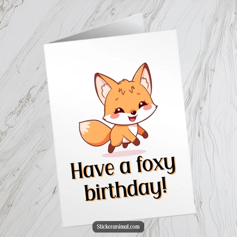 Funny Free Printable Birthday Card: Amused fox playfully chasing its tail in circles, a whimsical and happy birthday surprise.