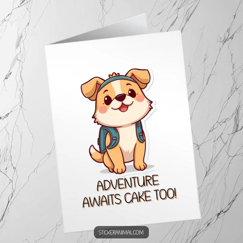 Funny Free Printable Birthday Card: Dog with backpack bouncing excitedly on an adventure, ready to deliver birthday wishes.