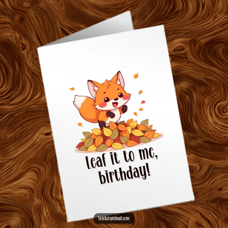 Funny Free Printable Birthday Card: Excited fox leaping joyfully into a colorful pile of autumn leaves, ready to celebrate.