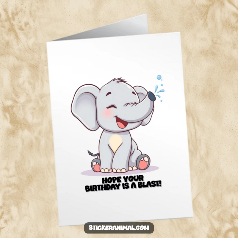Funny Free Printable Birthday Card: A cute elephant calf giggles while spraying water joyfully from its trunk.