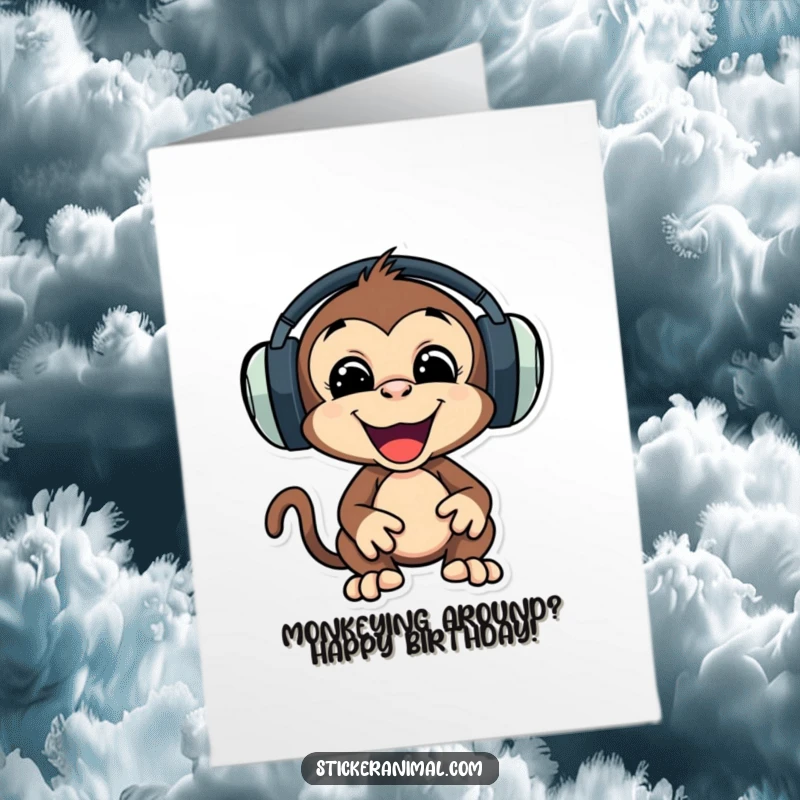 Funny Free Printable Birthday Card: A playful monkey in oversized headphones grooves to the beat, celebrating your birthday.