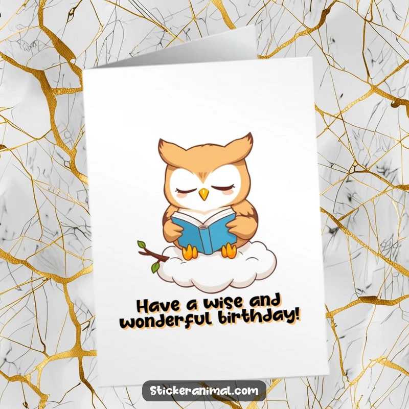 Funny Free Printable Birthday Card: A cute owl with glasses reads a book while perched on a fluffy cloud.