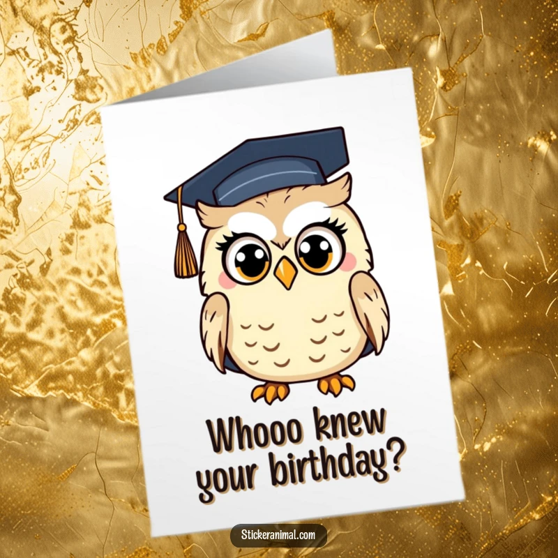 Funny Free Printable Birthday Card: A surprised owl with wide eyes wearing a graduation cap, looking shocked at the age.