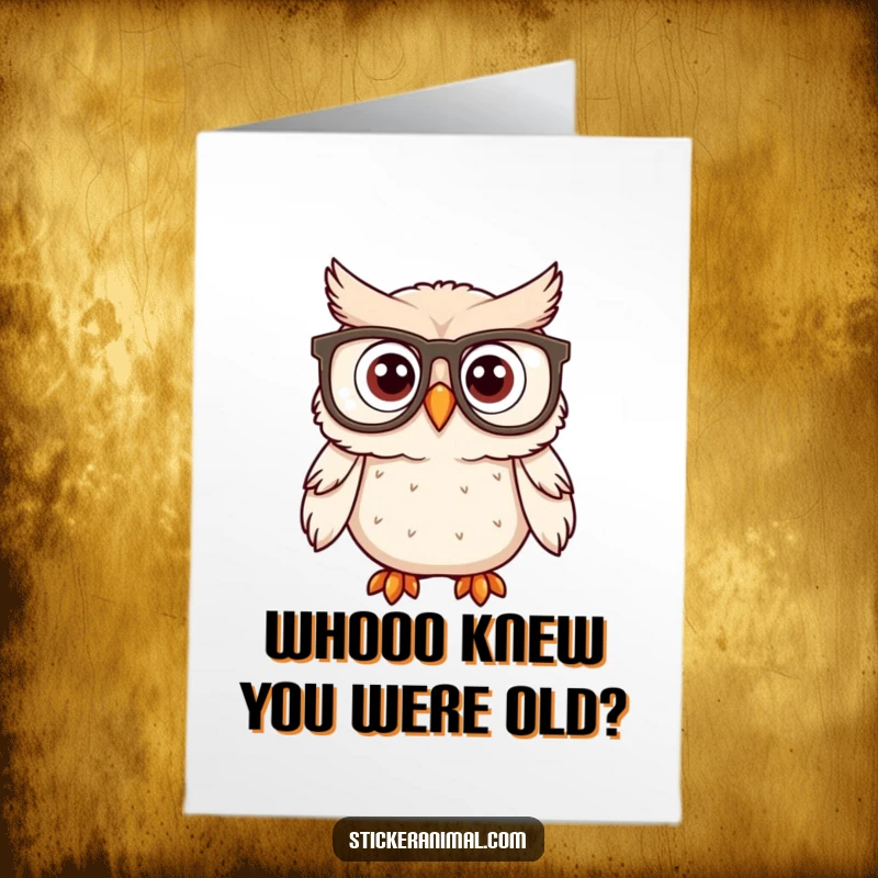 Funny Free Printable Birthday Card: An owl with comically large spectacles looks utterly surprised, ready to celebrate.