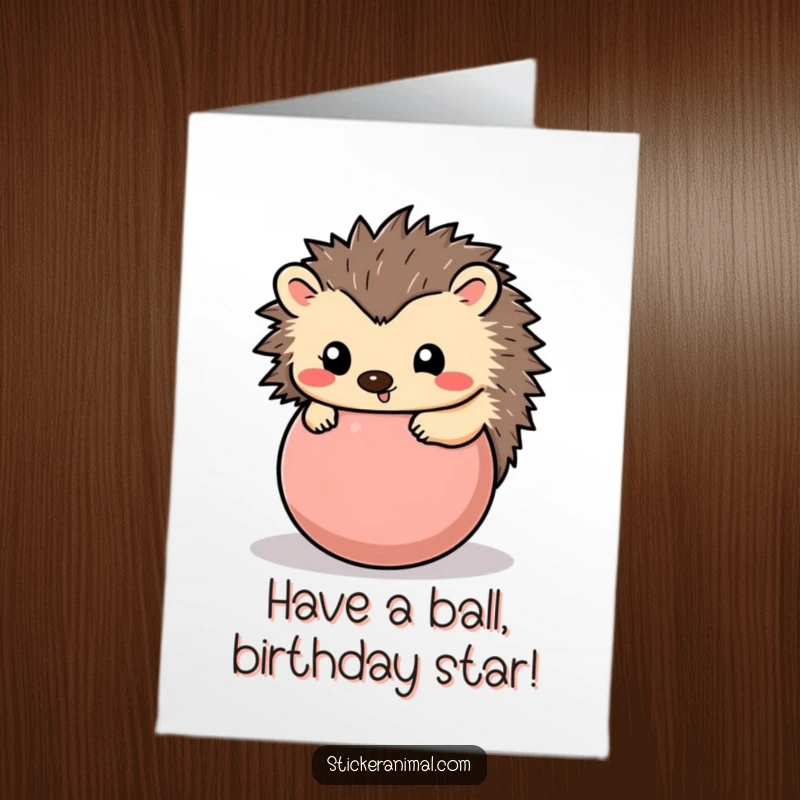 Funny Free Printable Birthday Card: A happy hedgehog curls into a perfect, playful ball, ready to roll into birthday celebrations.