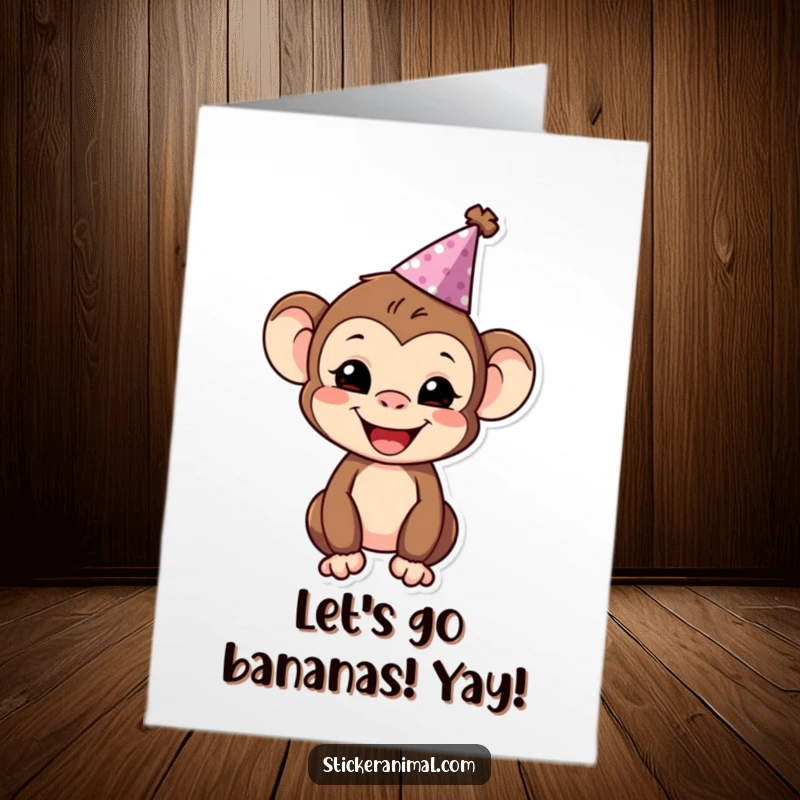 Funny Free Printable Birthday Card: A smiling monkey sporting a festive party hat, ready for birthday fun.