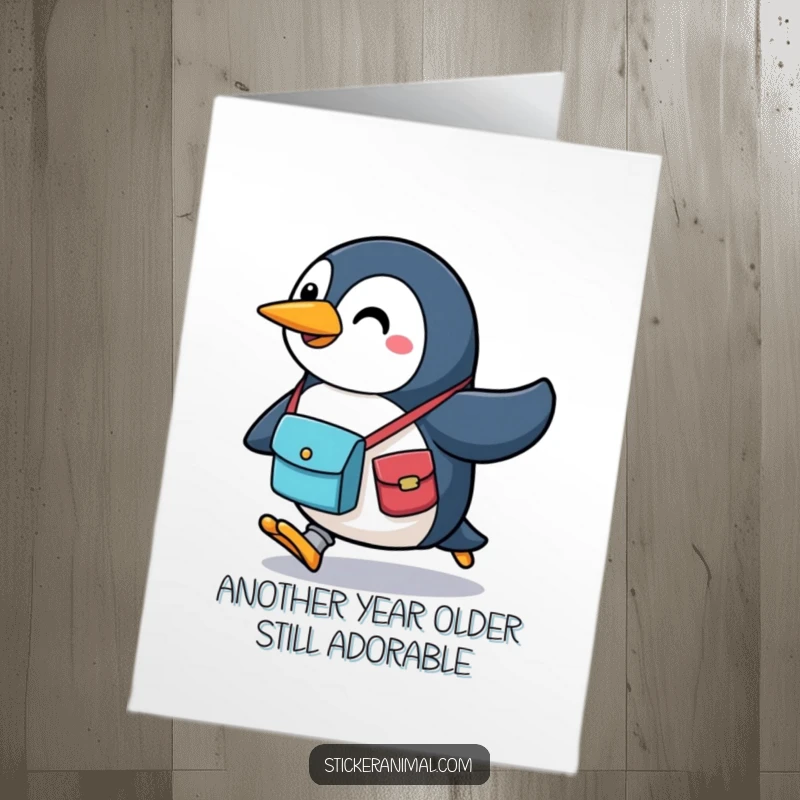 Funny Free Printable Birthday Card: A determined penguin with a messenger bag running with all its might to deliver birthday joy.