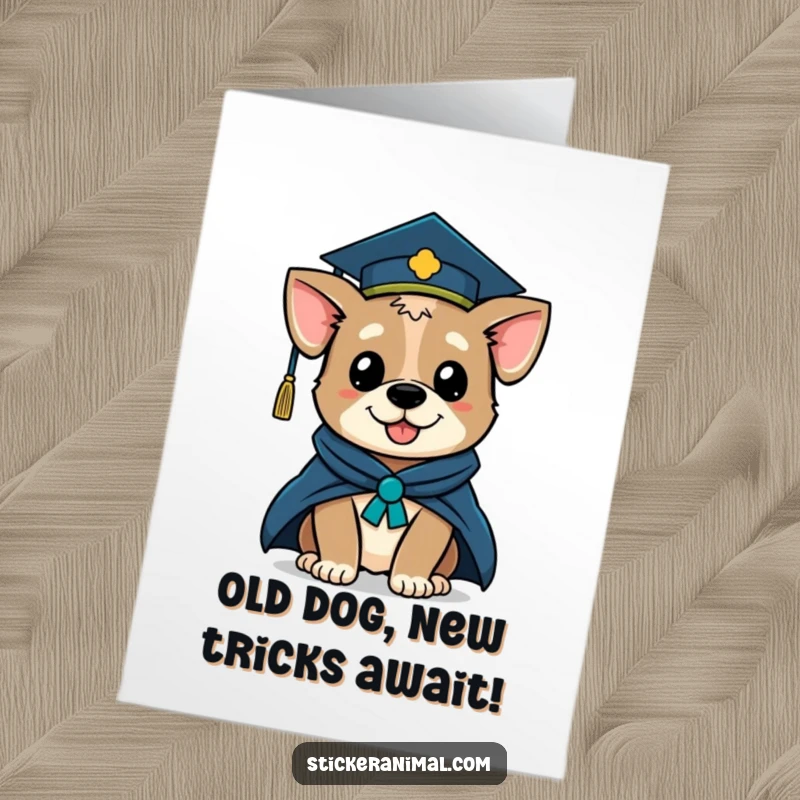 Funny free printable birthday card: A winking dog in a graduation cap and robe celebrates the special day.