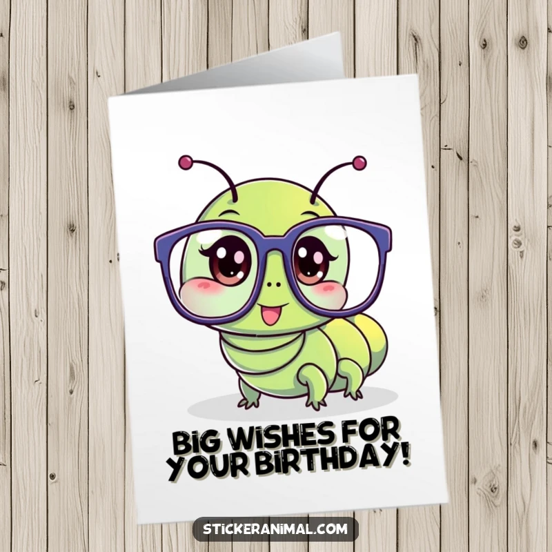 Funny free printable birthday card featuring a wriggling caterpillar struggling to wear enormous glasses, perfect for a humorous celebration.