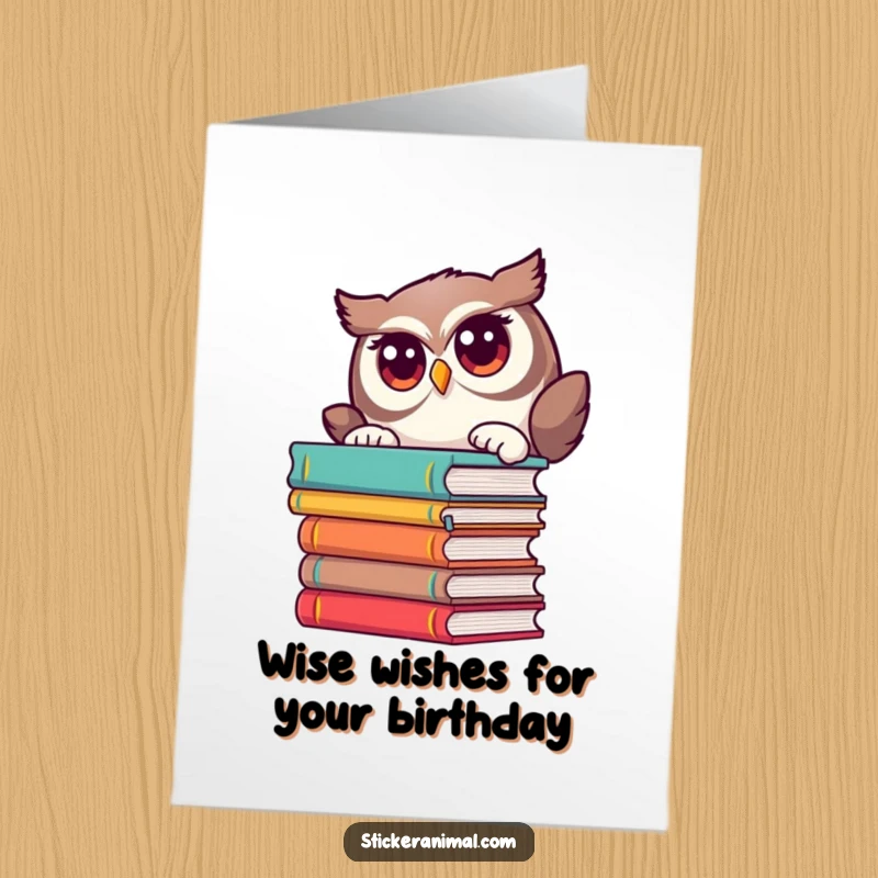 Funny free printable birthday card featuring a curious owl peeking from behind a stack of books, perfect for a literary celebration.