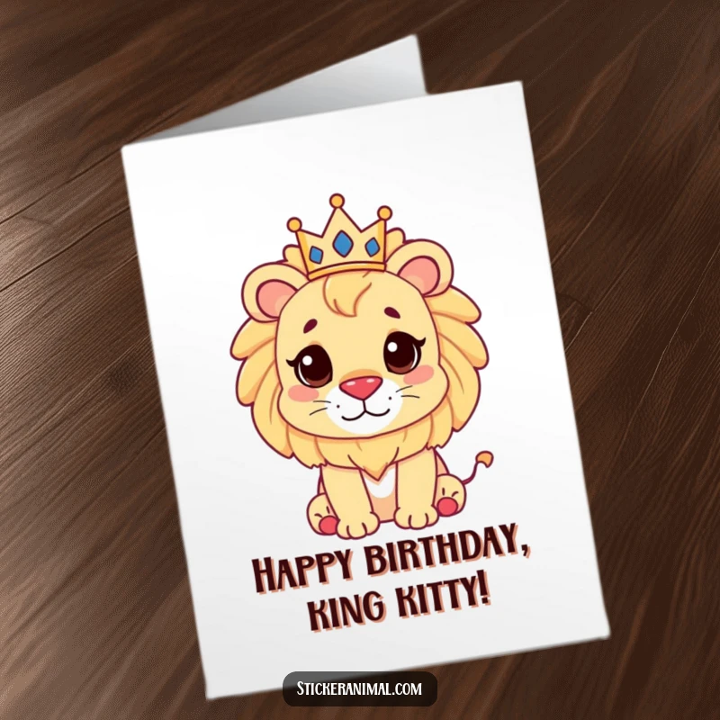 Funny Free Printable Birthday Card: A cute lion cub wears a tiny golden crown, looking regal and ready to celebrate.