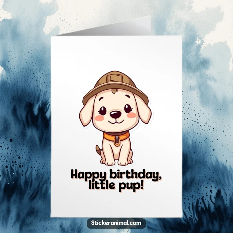 Funny Free Printable Birthday Card: Smiling puppy in an explorer hat, curiously peering ahead.