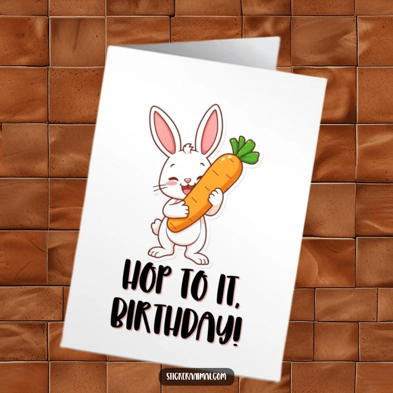 Funny Free Printable Birthday Card: Happy bunny proudly holds a giant carrot like a first-place trophy.