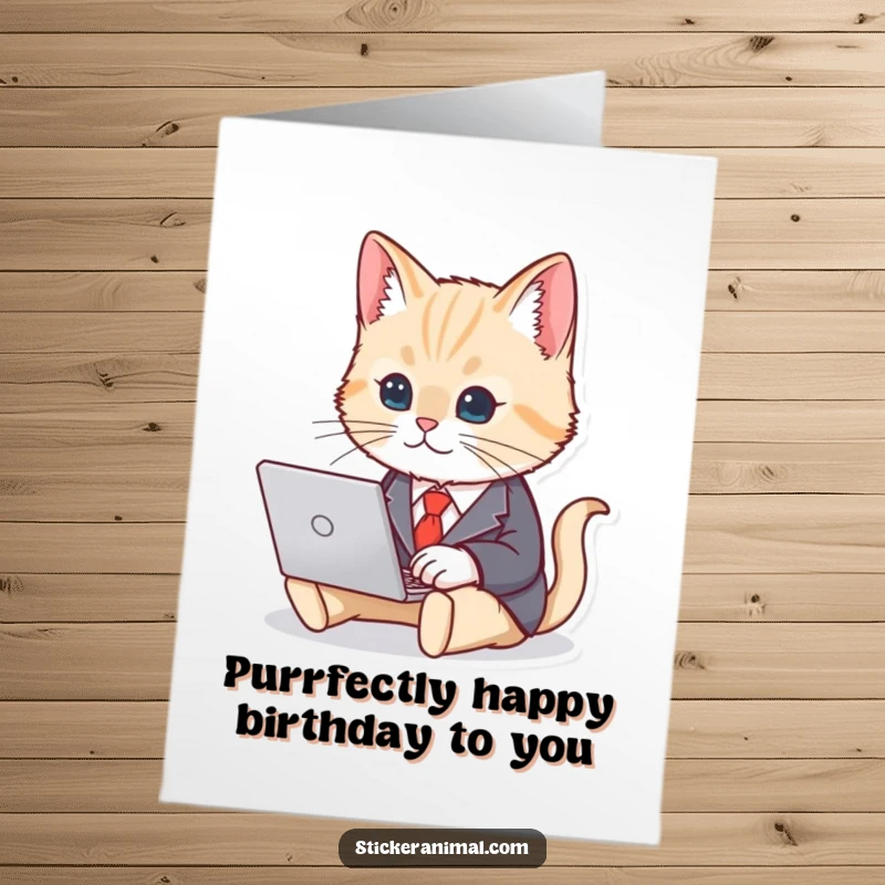 Funny Free Printable Birthday Card: Cute Cat in Business Suit Typing on Laptop, Downloadable Sophisticated Greeting.