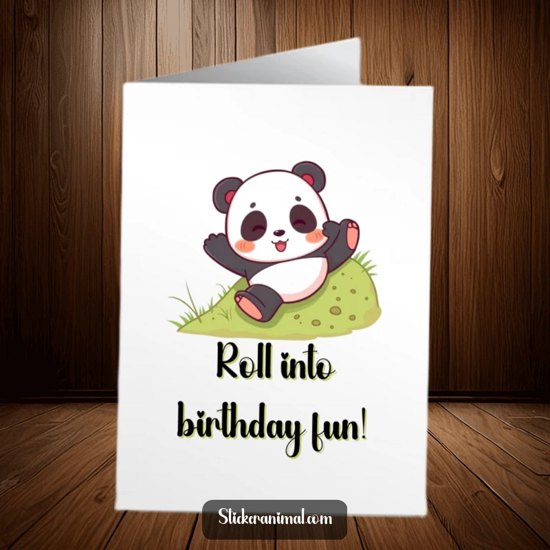 Funny Free Printable Birthday Card: Playful panda bear tumbles down a grassy hill with pure delight, celebrating a birthday.