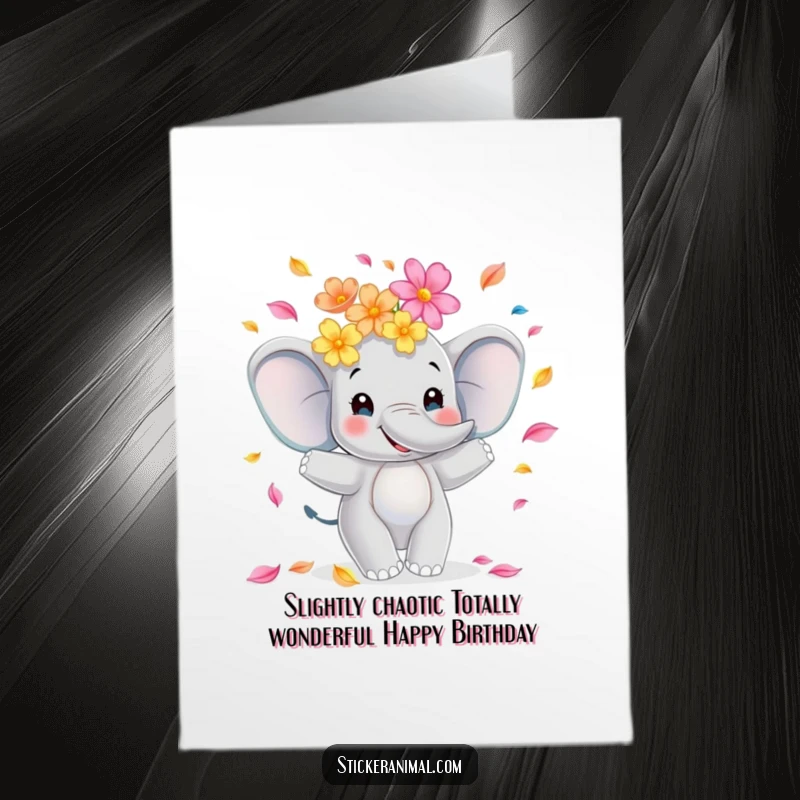 Funny Free Printable Birthday Card featuring a smiling elephant artistically juggling vibrant flower petals with grace and glee.