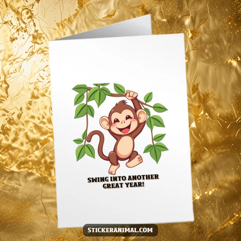 Funny Free Printable Birthday Card: A joyful monkey with a wide grin, swinging exuberantly from a vine, ready for celebration.
