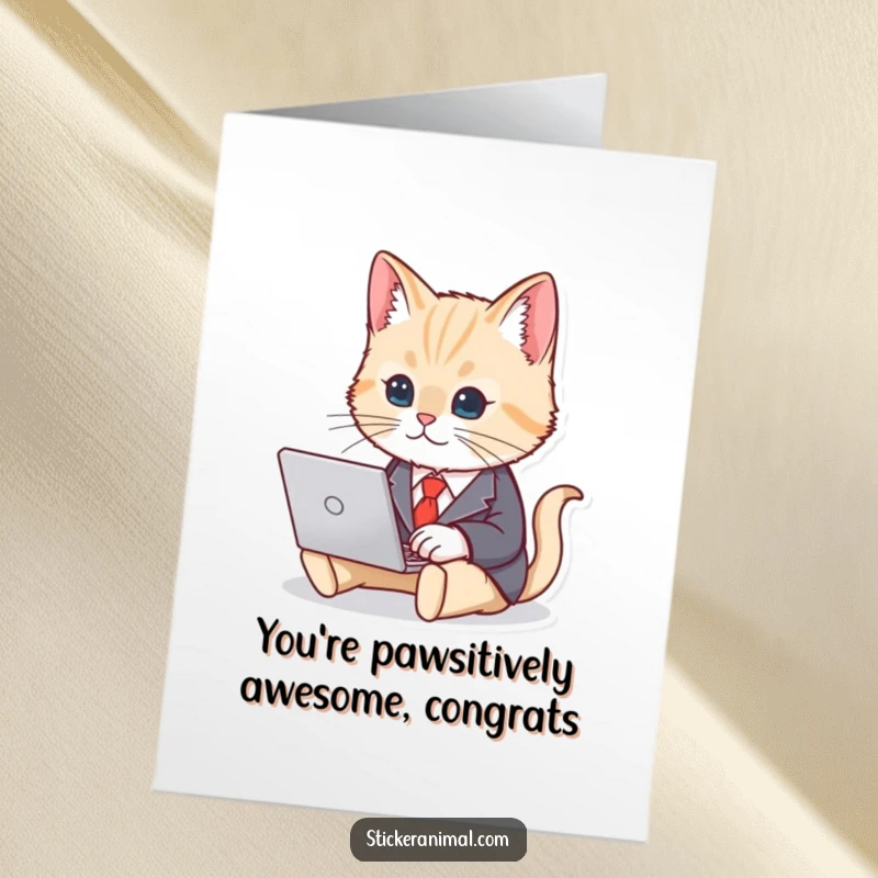 Funny Free Printable Congratulations Card: Cute Cat in Business Suit Typing on Laptop, Downloadable Professional Greeting.