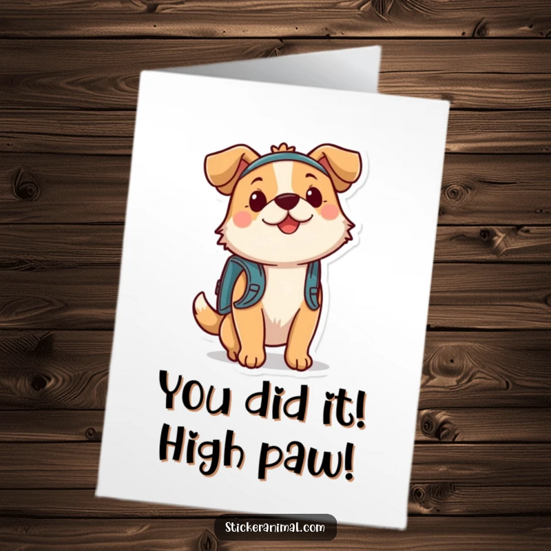 Funny Free Printable Congratulations Card: Energetic dog with backpack, ready to celebrate your amazing success with a bounce.