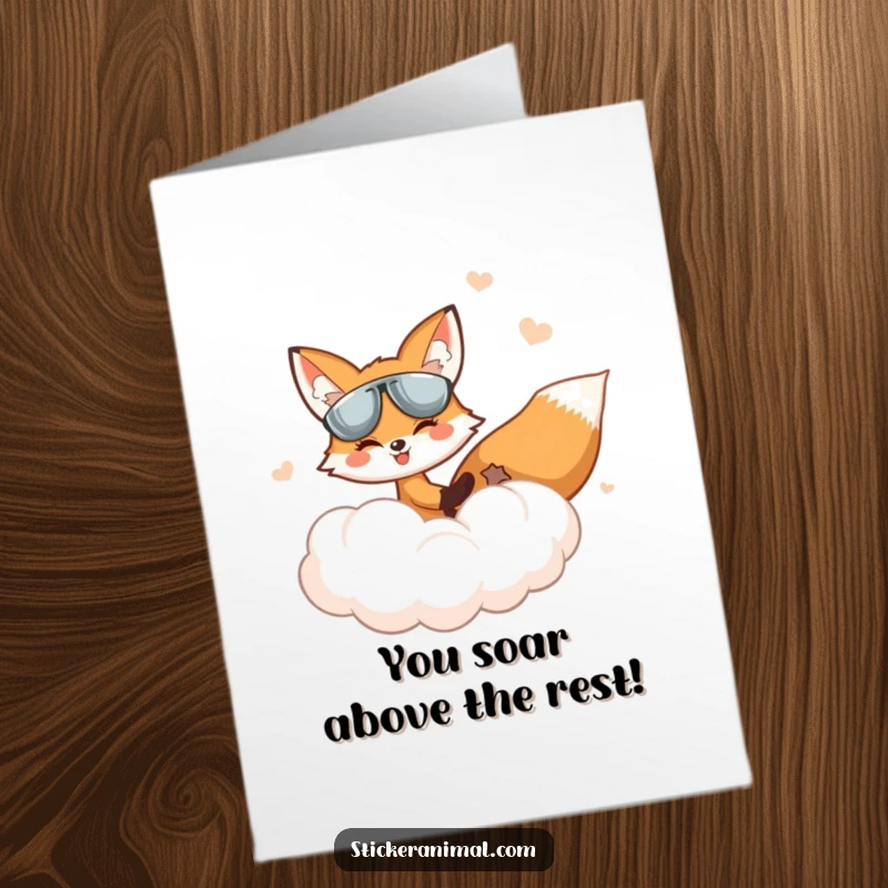 Funny free printable congratulations card: A cheerful fox rides a cloud like an airplane in a fantasy sky. Great for celebrating progress.