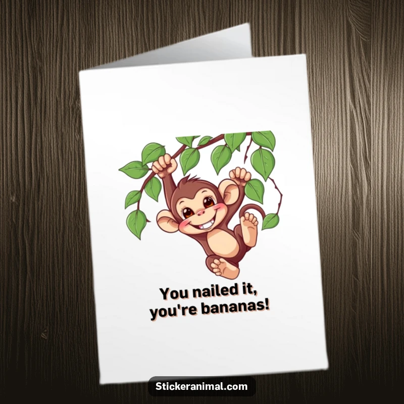 Funny Free Printable Congratulations card featuring a grinning monkey character dynamically swinging from a vine, celebrating big wins.
