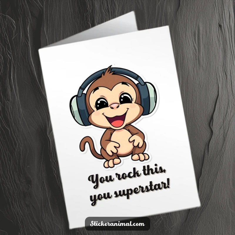 Funny Free Printable Congratulations Card: A happy monkey wearing large headphones bops its head, celebrating success with rhythm.