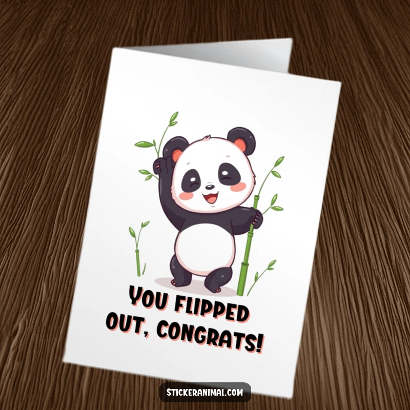 Free Printable Congratulations Card: A joyful panda balances perfectly in a handstand among bamboo.