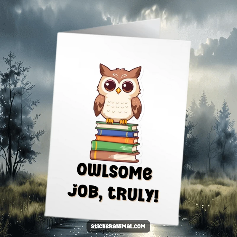 Funny Free Printable Congrats Card: An intelligent owl character observing from a high stack of literary books.