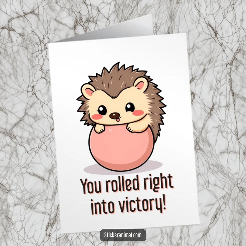 Funny Free Printable Congratulations Card: A joyful hedgehog forms a cute ball, celebrating success with a happy, rounded demeanor.