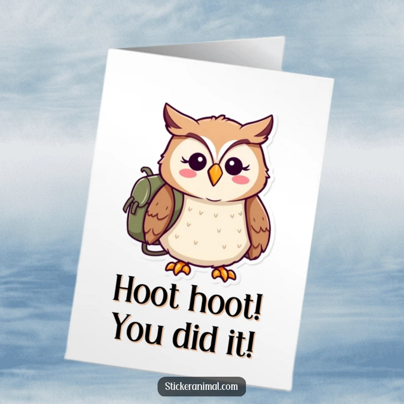 Funny Free Printable Congratulations Card: Cheerful owl with a backpack sets off on an adventure, celebrating new beginnings.