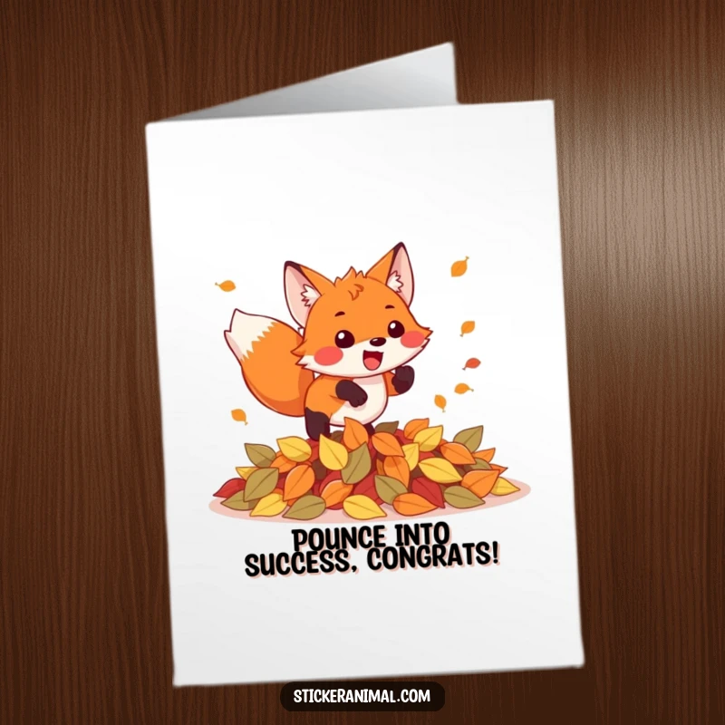 Funny Free Printable Card: Excited fox energetically pouncing onto a big heap of fall leaves, celebrating success with glee.