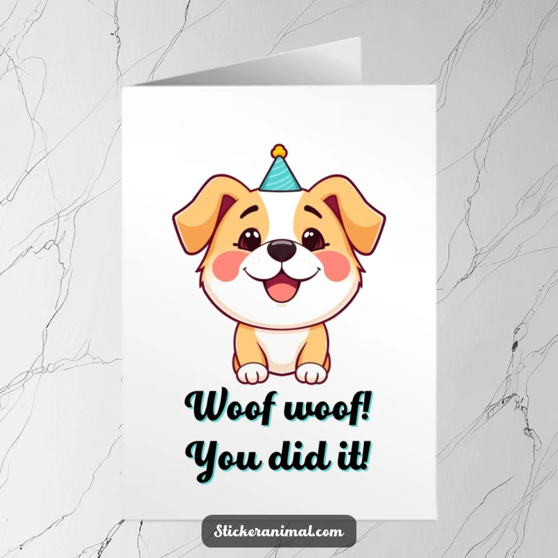 Funny Free Printable Congratulations Card: Happy dog in a party hat celebrating your wins with infectious enthusiasm.