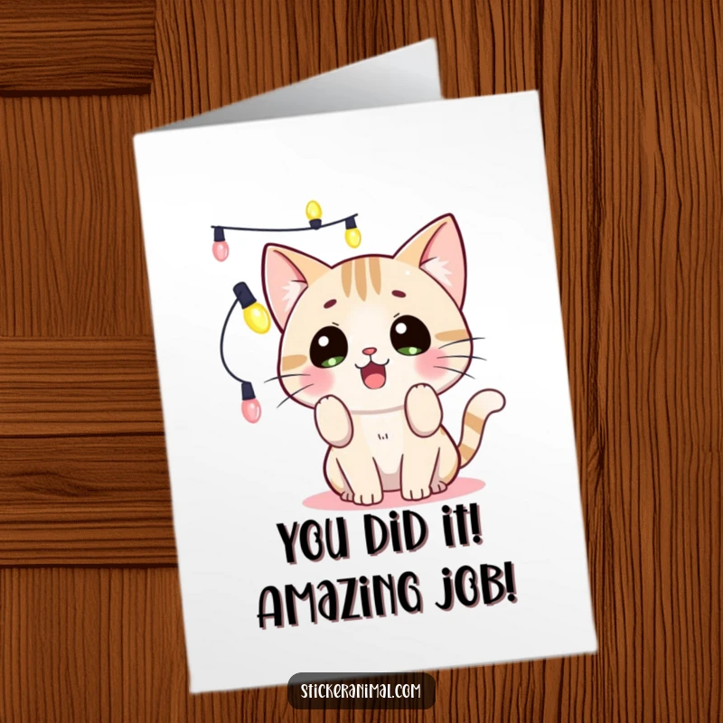 Funny Free Printable Congratulations Card: Surprised cat tangled in lights, celebrating your success with chaotic joy.