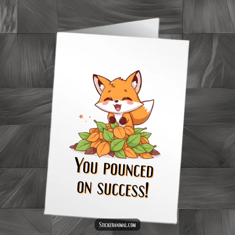 Funny Free Printable Congratulations Card: An excited fox gleefully dives into a heap of fallen leaves, celebrating.