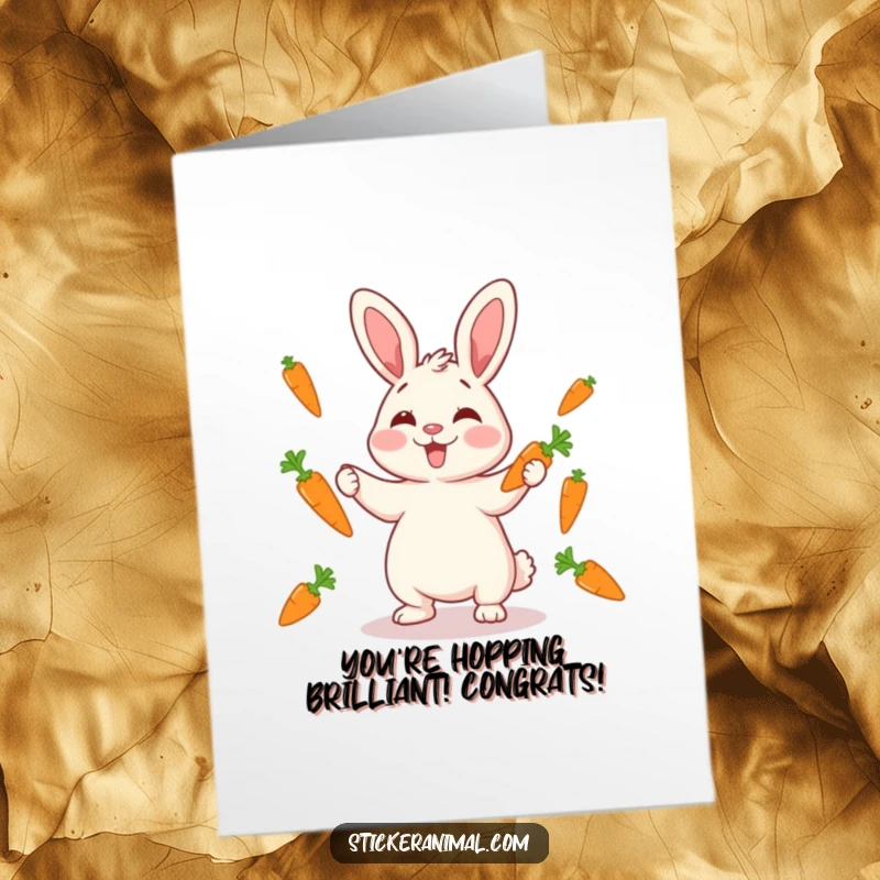 Funny Free Printable Congratulations Card: Giggling rabbit juggling carrots, celebrating your achievements with whimsical skill.