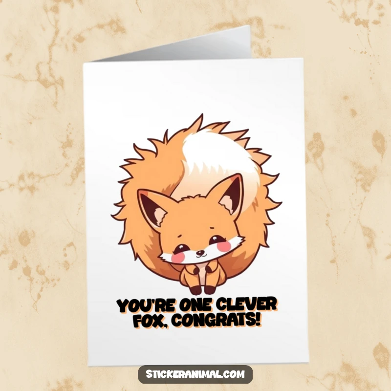 Funny Free Printable Congratulations card featuring a sly, cheeky fox peeking out coyly from its bushy tail, celebrating cleverness.