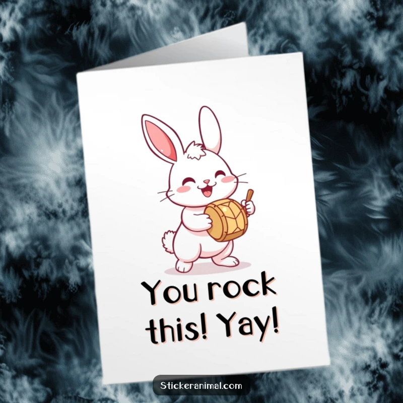 Free Printable Congratulations Card: A bouncing bunny excitedly plays a miniature drum, perfect for celebrating achievements with musical flair.