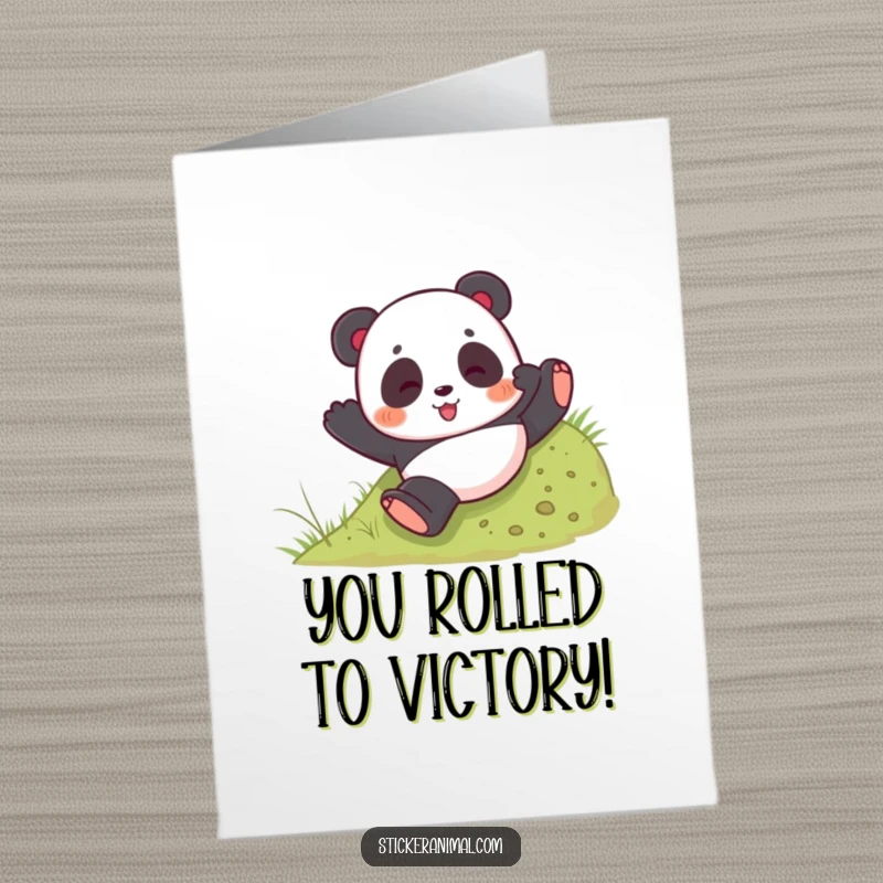 Funny Free Printable Congratulations Card: Playful panda bear tumbles down a grassy hill, celebrating a successful milestone.
