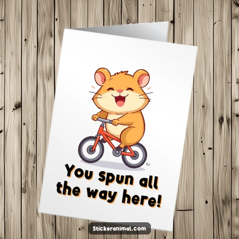 Funny free printable congratulations card showing a hamster joyfully spinning on a bicycle, celebrating achievements with energetic humor.