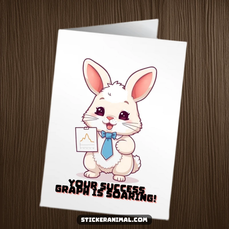 Funny Free Printable Bunny in a Tie Holding a Tiny Graph Card - Dapper rabbit congratulates success.