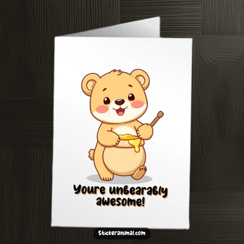 Funny Free Printable Card: A cute bear cub giggling while successfully balancing a large pot full of golden honey.