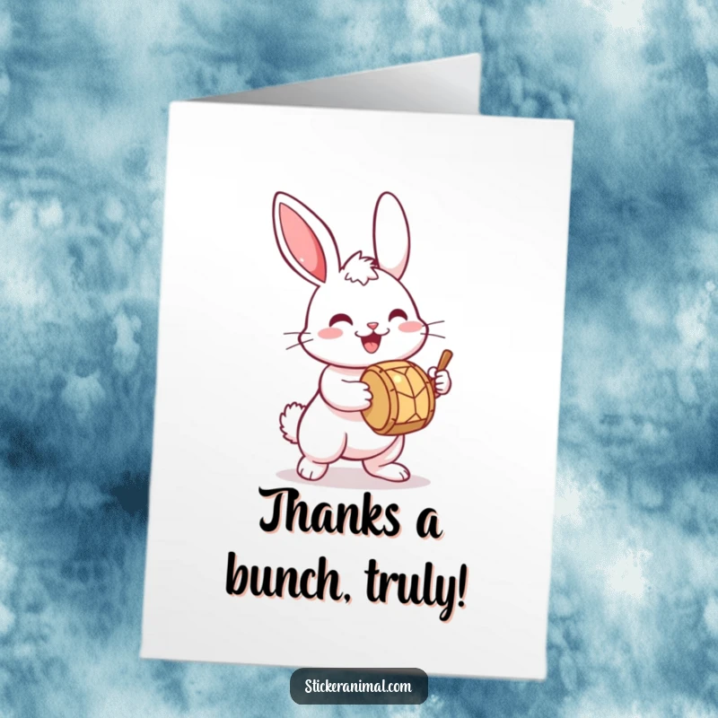Funny Free Printable Thank You Card: A cheerful bunny with twitching ears plays a tiny drum, sending a rhythmic thank you.