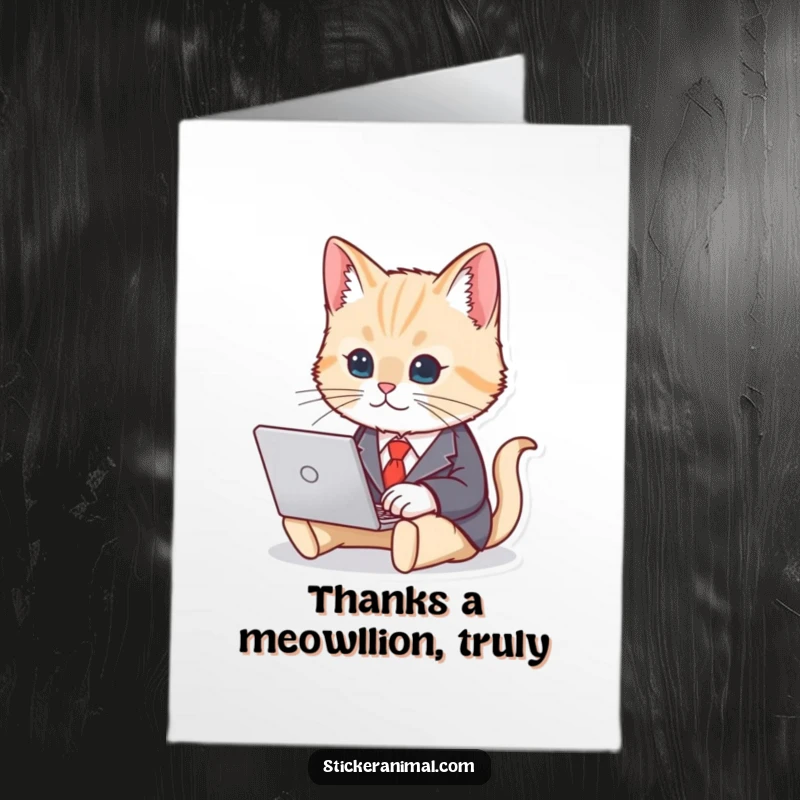 Funny Free Printable Thank You Card: Cute Cat in Business Suit Typing on Laptop, Downloadable Professional Gratitude.