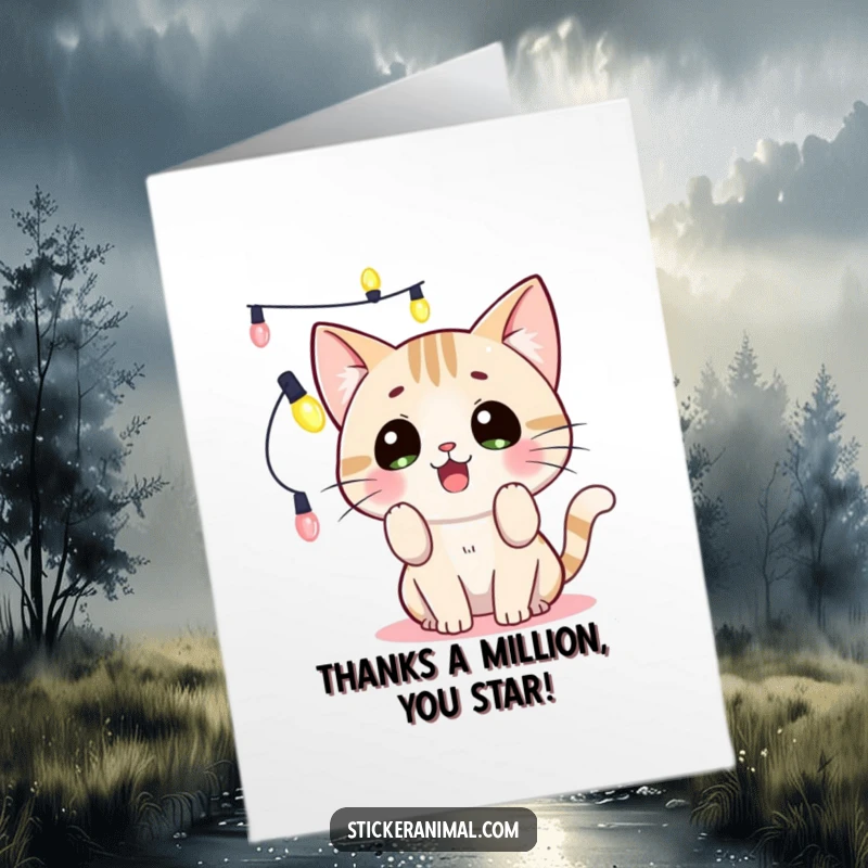 Funny Free Printable Thank You Card: Surprised cat batting at lights, a chaotic yet charming way to say thanks.
