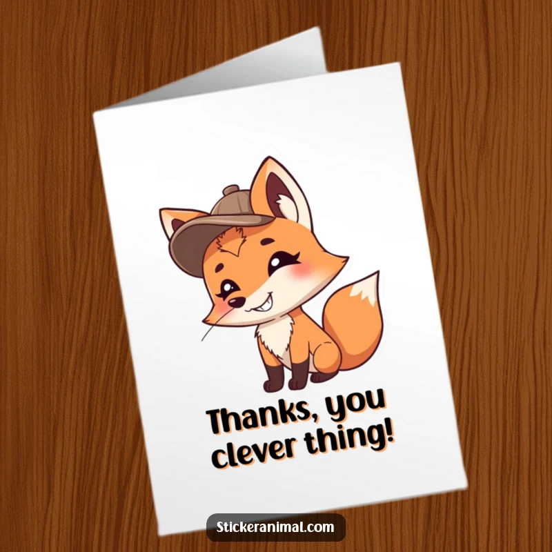 Funny Free Printable Thank You Card: A grinning fox detective with a hat sniffs the air, hilariously conveying thanks.
