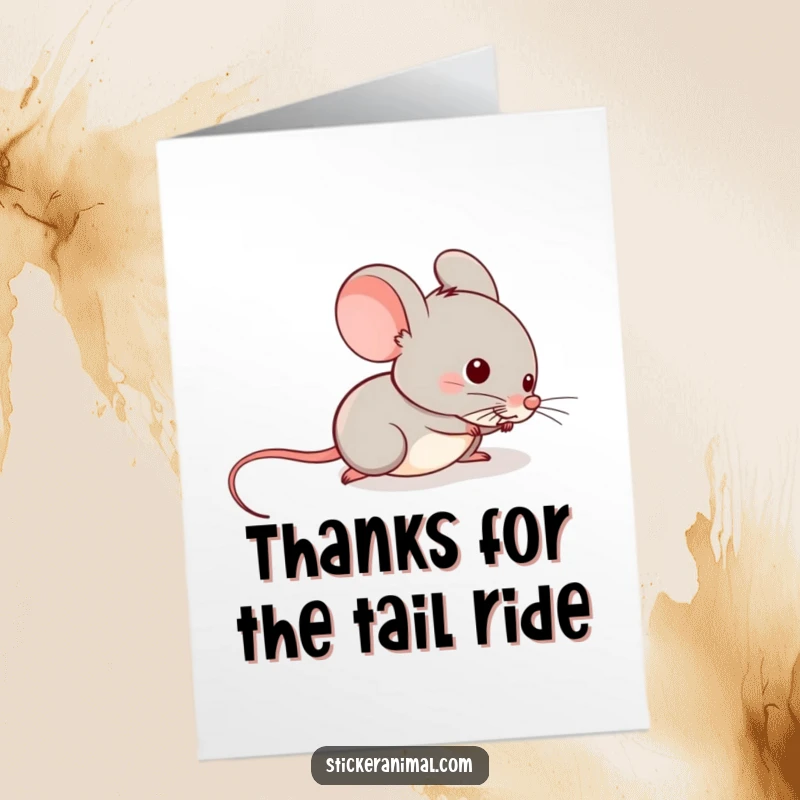 Funny Free Printable Mouse Thank You Card: A cute, mischievous mouse sliding down a tail, conveying thanks with a cheeky grin.